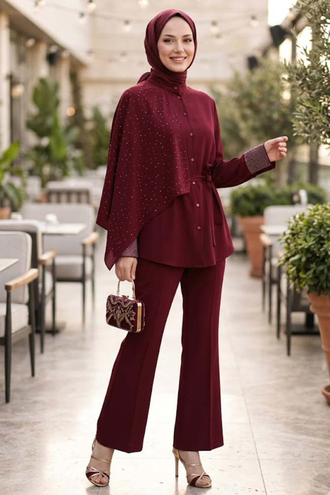 Crepe Stone Embroidered Pelerinli Burgundy Two-Piece Set 95729BR - 2