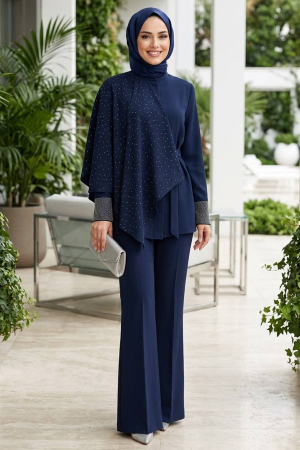 Crepe Stone Embroidered Pelerinli Navy Blue Two-Piece Set 95729L 