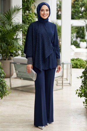 Crepe Stone Embroidered Pelerinli Navy Blue Two-Piece Set 95729L - 2