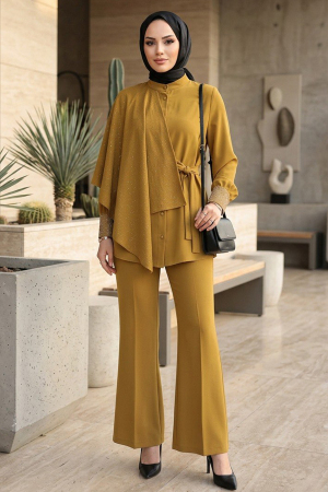 Crepe Stone Embroidered Pelerinli Oil Green Two-Piece Set 95729YY 
