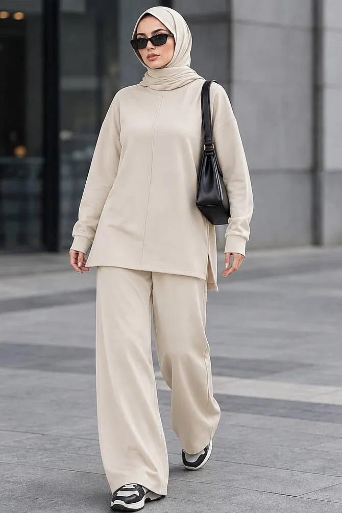 Crew-Neck Relaxed-Fit Oysho Fabric Beige Modest Trouser Set 3133BEJ - 1