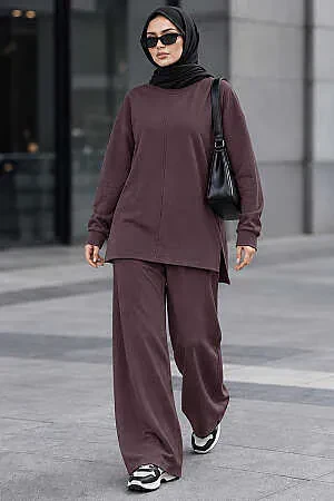 Crew-Neck Relaxed-Fit Oysho Fabric Brown Modest Trouser Set 3133KH - 1