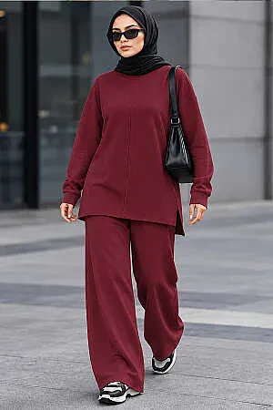 Crew-Neck Relaxed-Fit Oysho Fabric Cherry Modest Trouser Set 3133VSN 