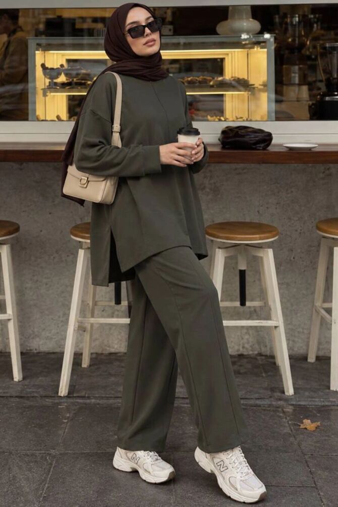 Crew-Neck Relaxed-Fit Oysho Fabric Khaki Modest Trouser Set 3133HK - 1