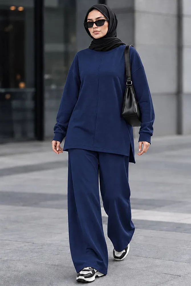 Crew-Neck Relaxed-Fit Oysho Fabric Navy Modest Trouser Set 3133L - 1