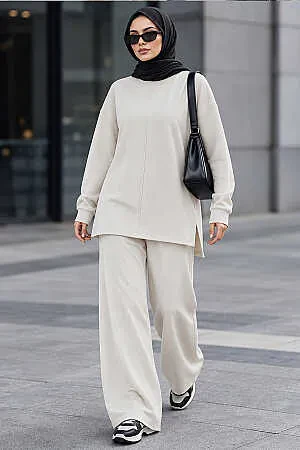 Crew-Neck Relaxed-Fit Oysho Fabric Stone Modest Trouser Set 3133TAS 