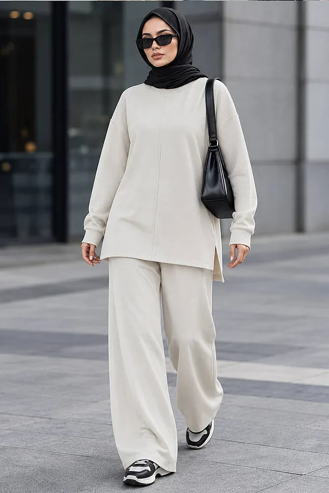Crew-Neck Relaxed-Fit Oysho Fabric Stone Modest Trouser Set 3133TAS - 1