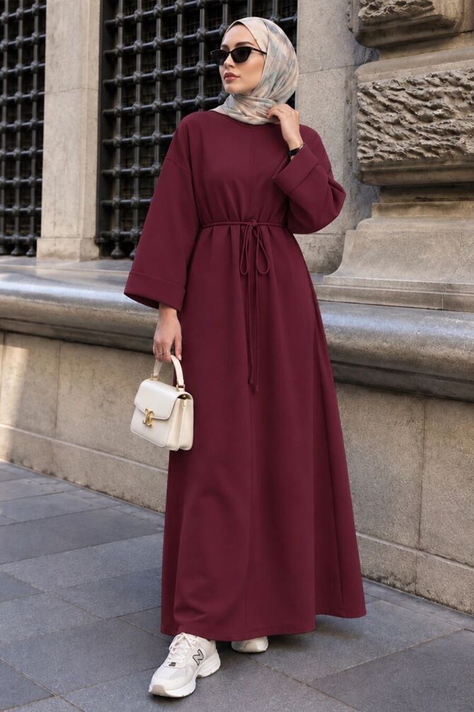 Crew-Neck Straight-Cut Oysho Fabric Cherry Modest Dress 3138VSN - 1