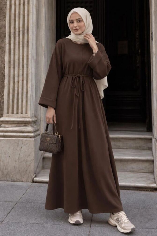 Crew-Neck Straight-Cut Oysho Fabric Dark Brown Modest Dress 3138KKH - 1