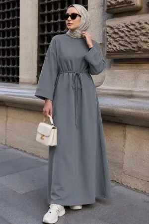 Crew-Neck Straight-Cut Oysho Fabric Gray Modest Dress 3138GR 
