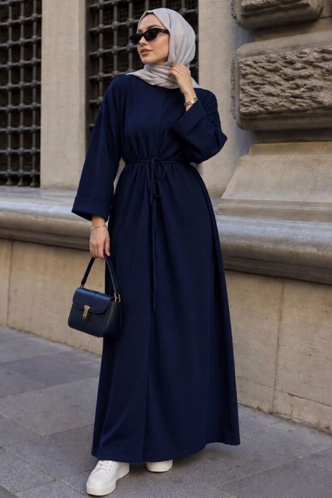 Crew-Neck Straight-Cut Oysho Fabric Navy Modest Dress 3138L - 1