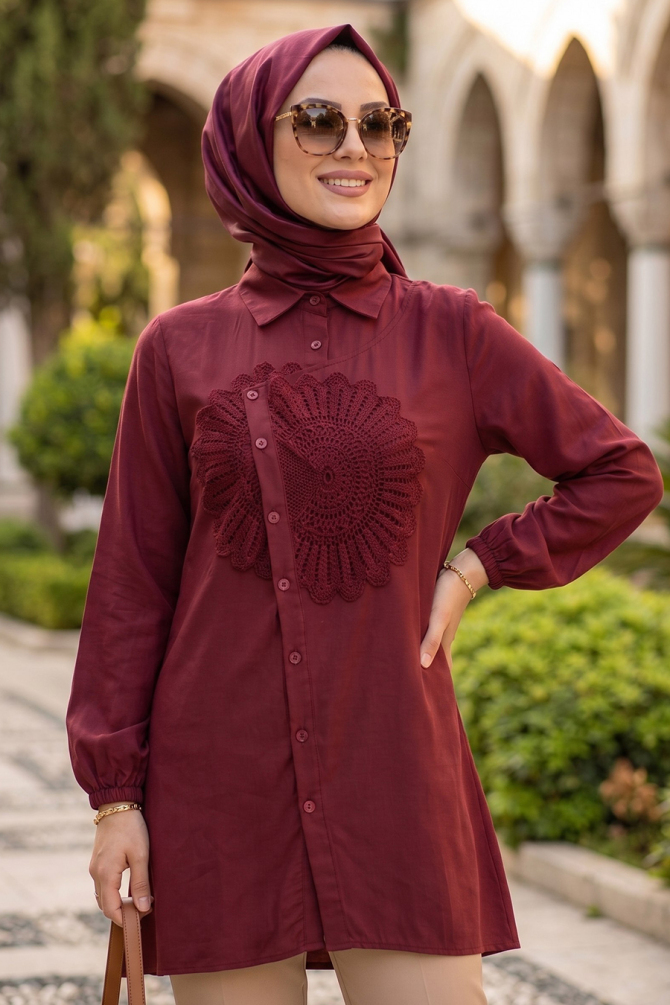 Dantel Desen Detaylı Bordo Tesettür Tunik 50381BR - 1