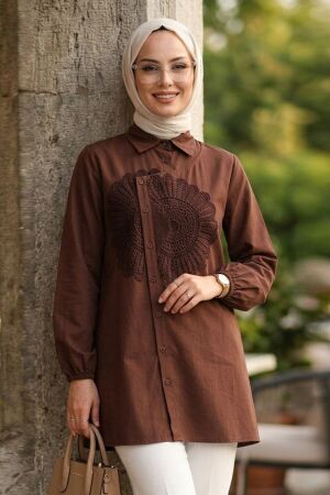 Poplin Kahverengi Dantel Desenli Tesettür Tunik 50381KH 