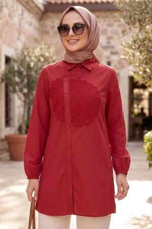 Poplin Kırmızı Dantel Desenli Tesettür Tunik 50381K 