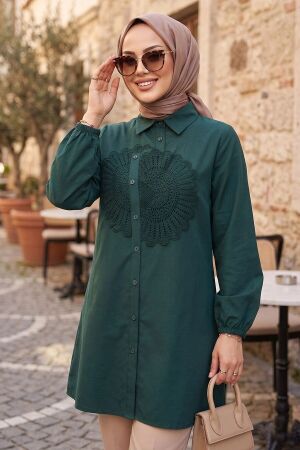 Poplin Petrol Yeşili Dantel Desenli Tesettür Tunik 50381PY 