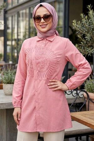 Poplin Pudra Dantel Desenli Tesettür Tunik 50381PD 