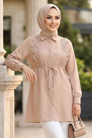 Dantel Detailed Beige Modest Tunic 20384BEJ 