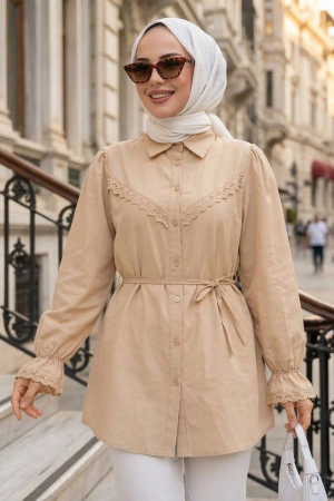 Dantel Detailed Beige Modest Tunic 30341BEJ 