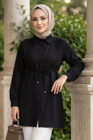Dantel Detailed Black Modest Tunic 20384S 