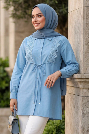 Dantel Detailed Blue Modest Tunic 20384M - 1