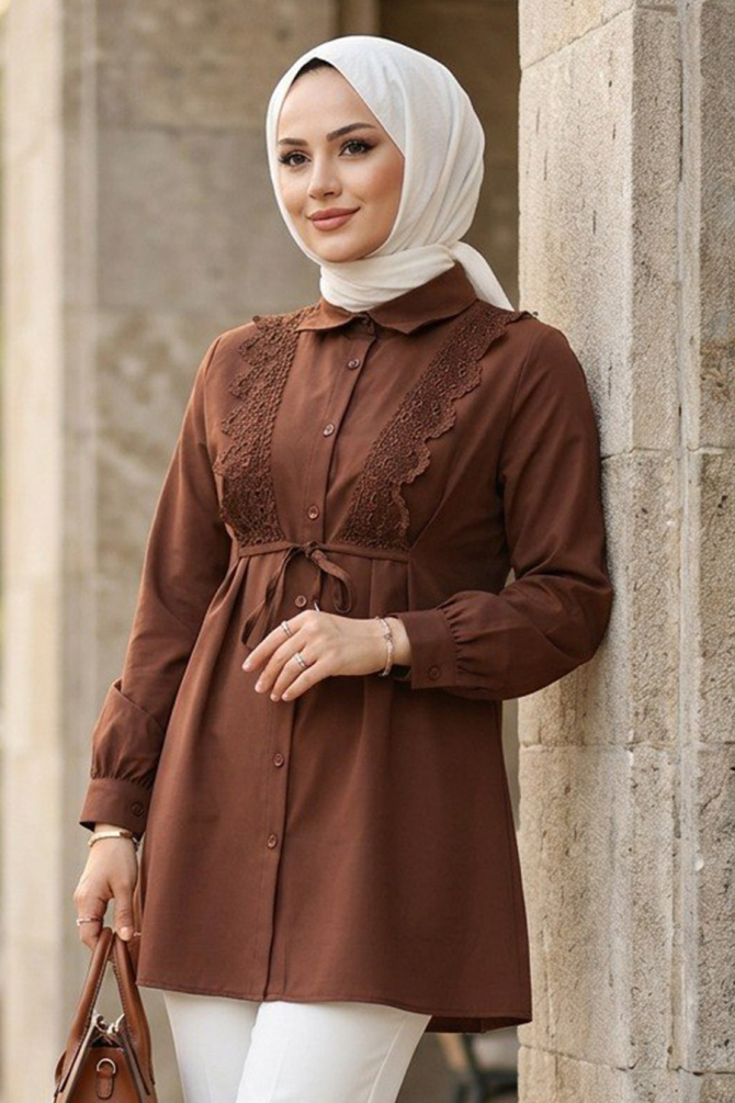 Dantel Detailed Brown Modest Tunic 20384KH - 1