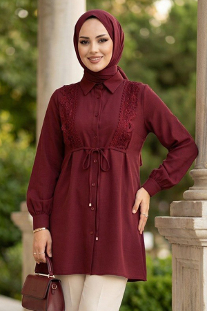 Dantel Detailed Burgundy Modest Tunic 20384BR 