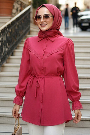 Dantel Detailed Fuchsia Modest Tunic 30341F 