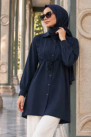 Dantel Detailed Navy Blue Modest Tunic 20384L - 1