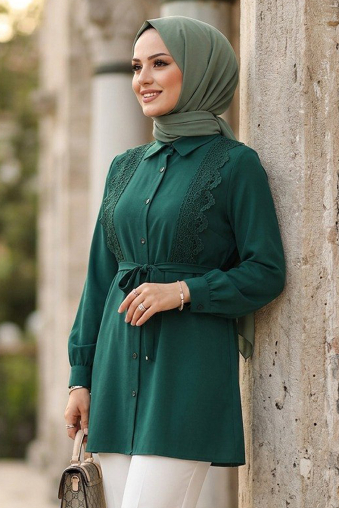 Dantel Detailed Petrol Green Modest Tunic 20384PY - 1