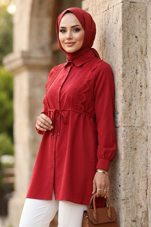 Dantel Detailed Red Modest Tunic 20384K 