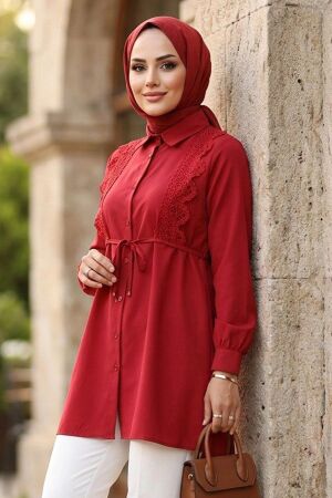 Dantel Detailed Red Modest Tunic 20384K 