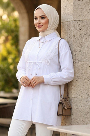 Dantel Detailed White Modest Tunic 20384B 