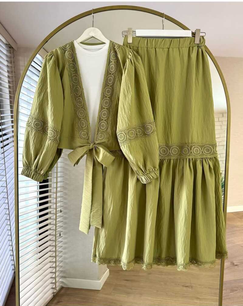 Dantel Detaylı Açık Haki Tesettür Etekli İkili Takım 40201AHK - 1