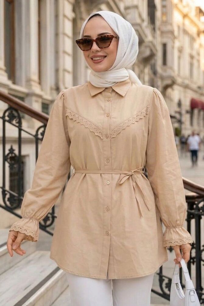 Tunique longue à détails en dentelle – Beige 30341BEJ - 1