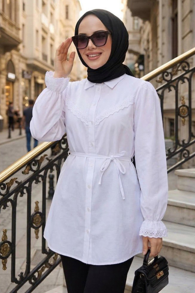 Dantel Detaylı Beyaz Tesettür Tunik 30341B - N.S NEVA STYLE