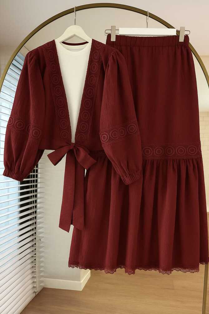 Dantel Detaylı Bordo Tesettür Etekli İkili Takım 40201BR - 1