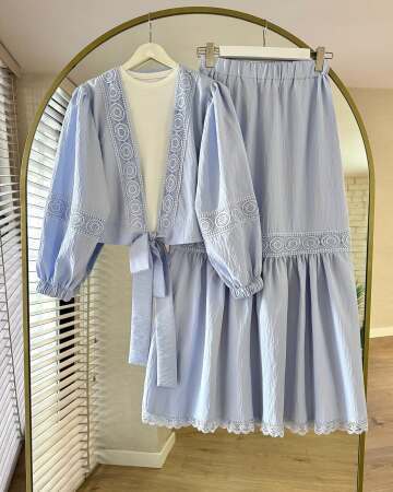 Dantel Detaylı Buz Mavisi Tesettür Etekli İkili Takım 40201BUZM 