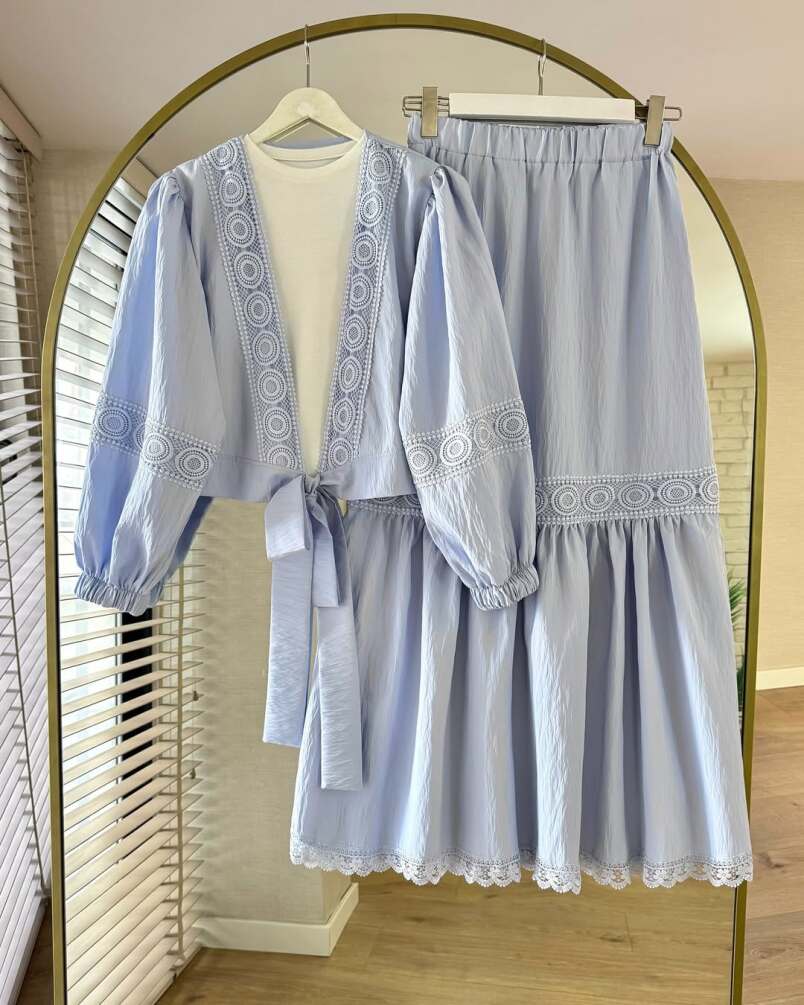 Dantel Detaylı Buz Mavisi Tesettür Etekli İkili Takım 40201BUZM - 1