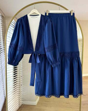 Dantel Detaylı Lacivert Tesettür Etekli İkili Takım 40201L - 1