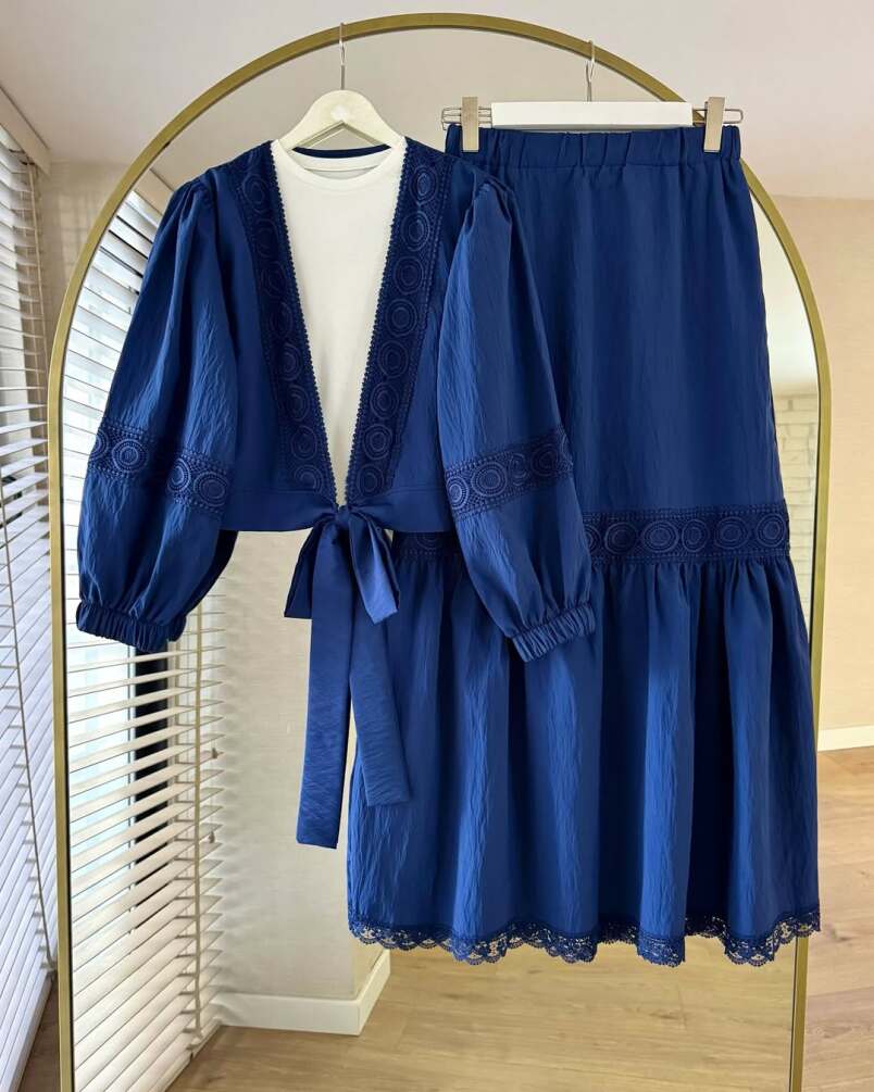 Dantel Detaylı Lacivert Tesettür Etekli İkili Takım 40201L - N.S NEVA STYLE