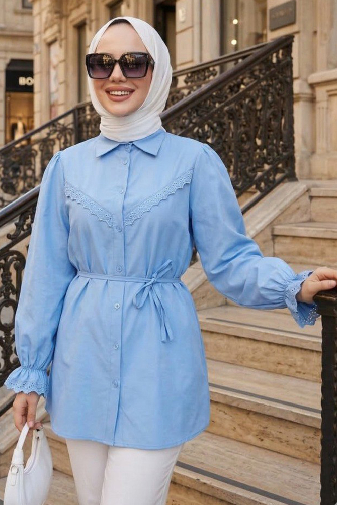 Dantel Detaylı Mavi Tesettür Tunik 30341M - N.S NEVA STYLE