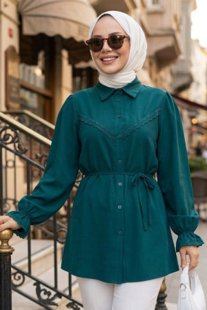 Dantel Detaylı Petrol Mavisi Tesettür Tunik 30341PM 