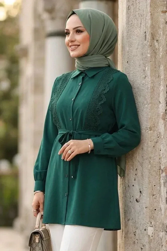 Dantel Detaylı Petrol Yeşili Tesettür Tunik 20384PY - 1