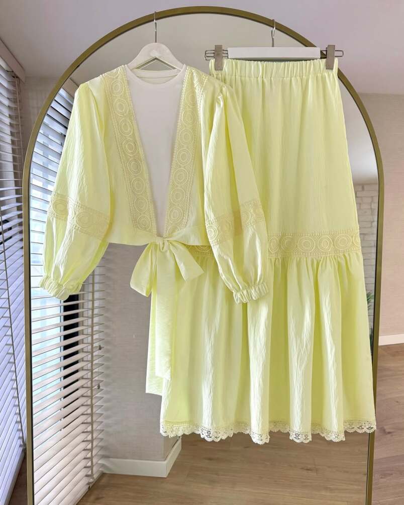 Dantel Detaylı Sarı Tesettür Etekli İkili Takım 40201SR - 1