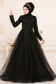 Dantel Detaylı Siyah Tesettür Abiye Elbise 4689S - Thumbnail