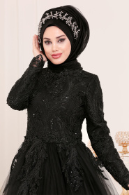 Dantel Detaylı Siyah Tesettür Abiye Elbise 4689S - Thumbnail