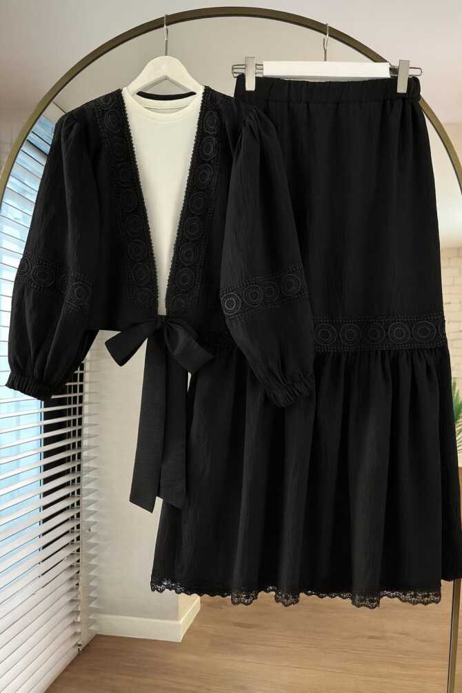 Dantel Detaylı Siyah Tesettür Etekli İkili Takım 40201S - 1