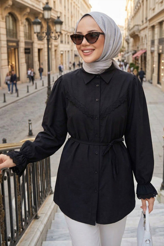 Dantel Detaylı Siyah Tesettür Tunik 30341S - 1