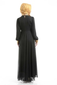 Dantel Detaylı Tüllü Siyah Elbise - Thumbnail