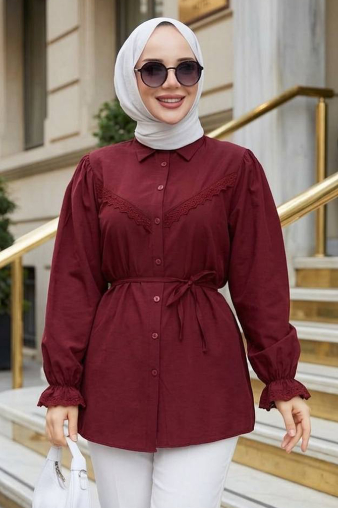 Dantel Detaylı Bordo Tesettür Tunik 30341BR - 1